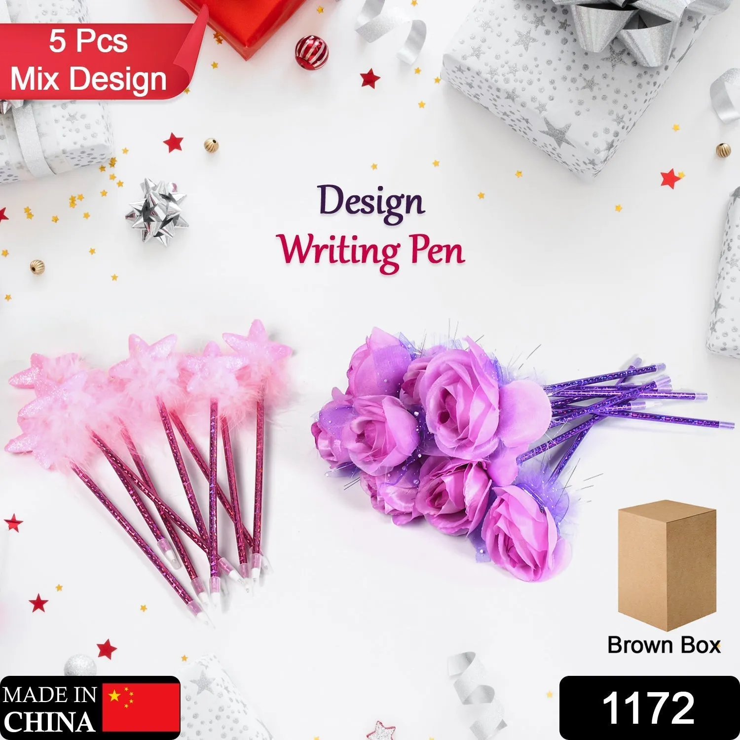 1172 Fashion Rose Flower & Star Design Ball Pen Smooth Writing For Wedding , Events & Multiuse Pen ( Set Of 5pc)