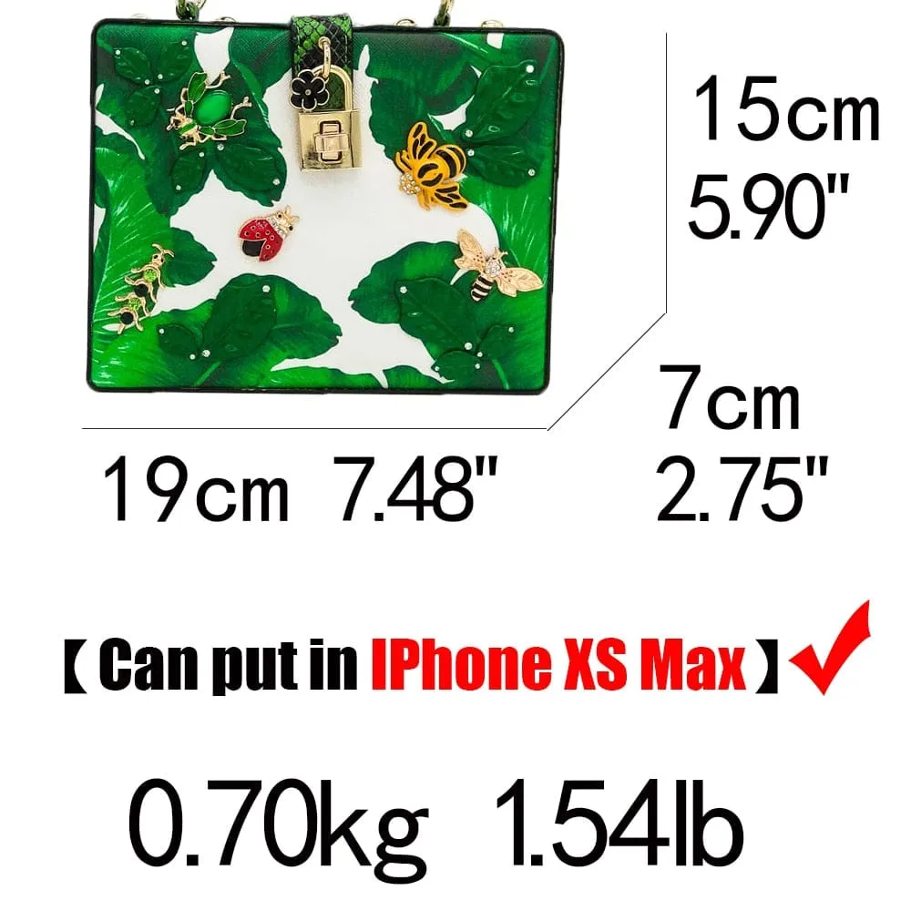 Animal Embroidery Beading Green Evening Bag Box Clutch
