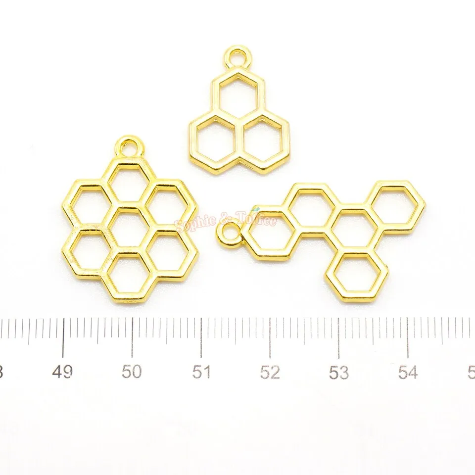 Bee Honey Comb Theme Open Bezel Charms (3 pieces)