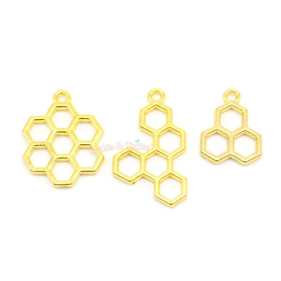 Bee Honey Comb Theme Open Bezel Charms (3 pieces)