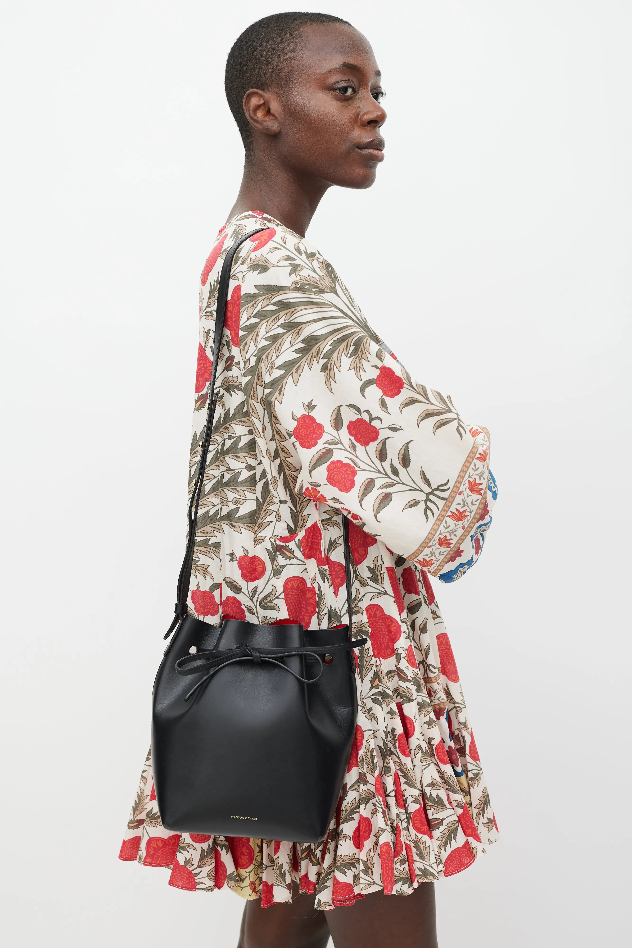 Black Leather Drawstring Bucket Bag