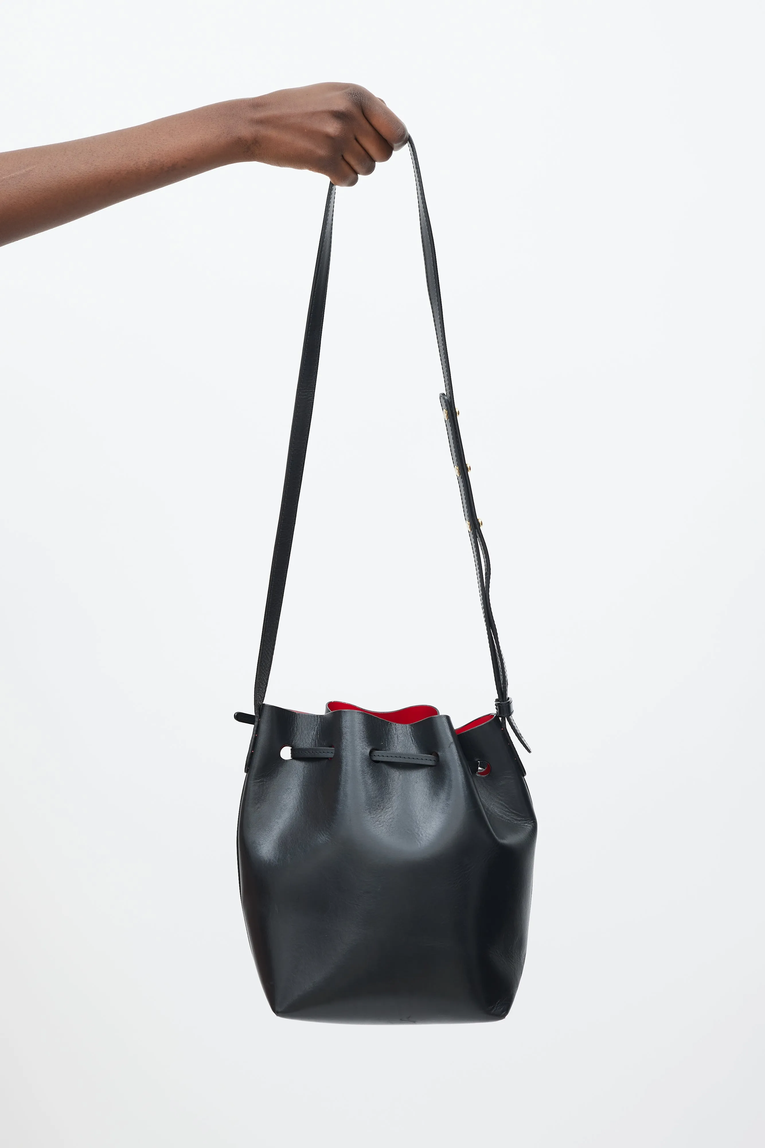 Black Leather Drawstring Bucket Bag