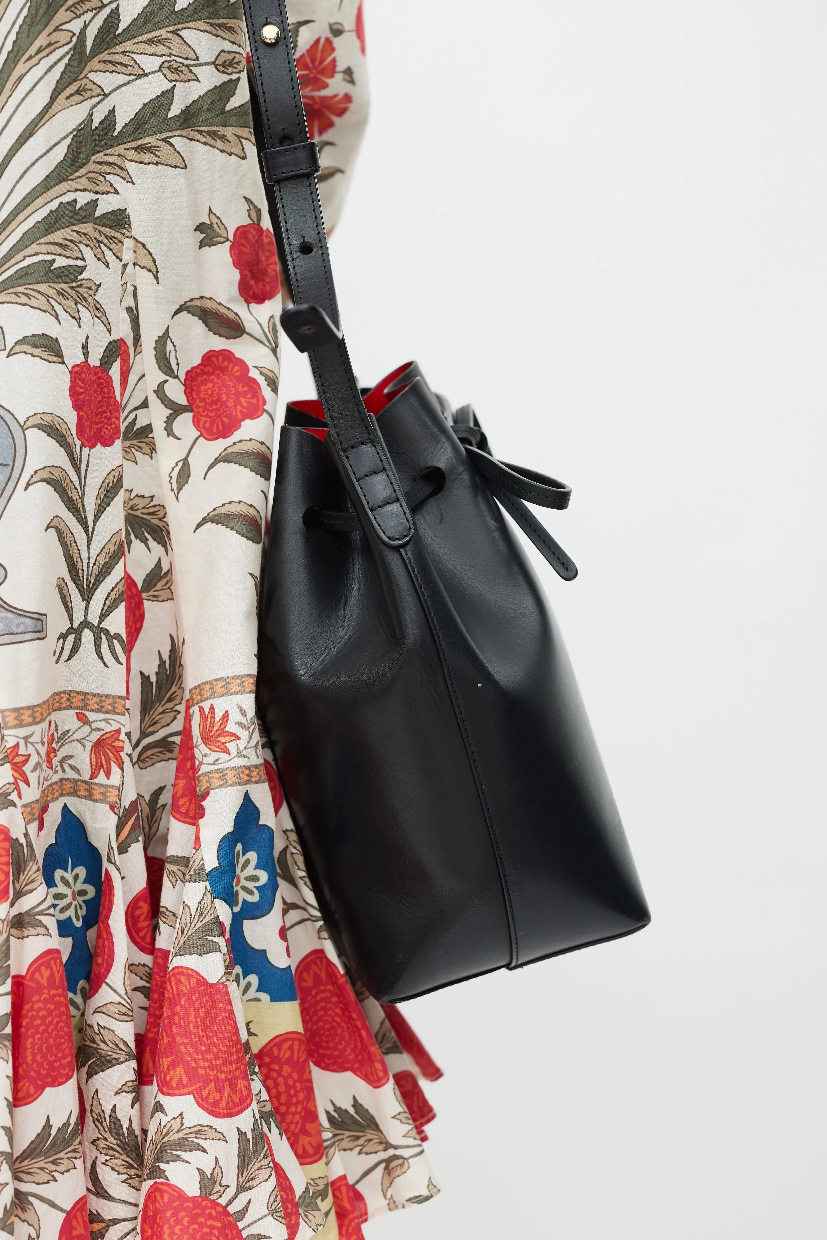 Black Leather Drawstring Bucket Bag