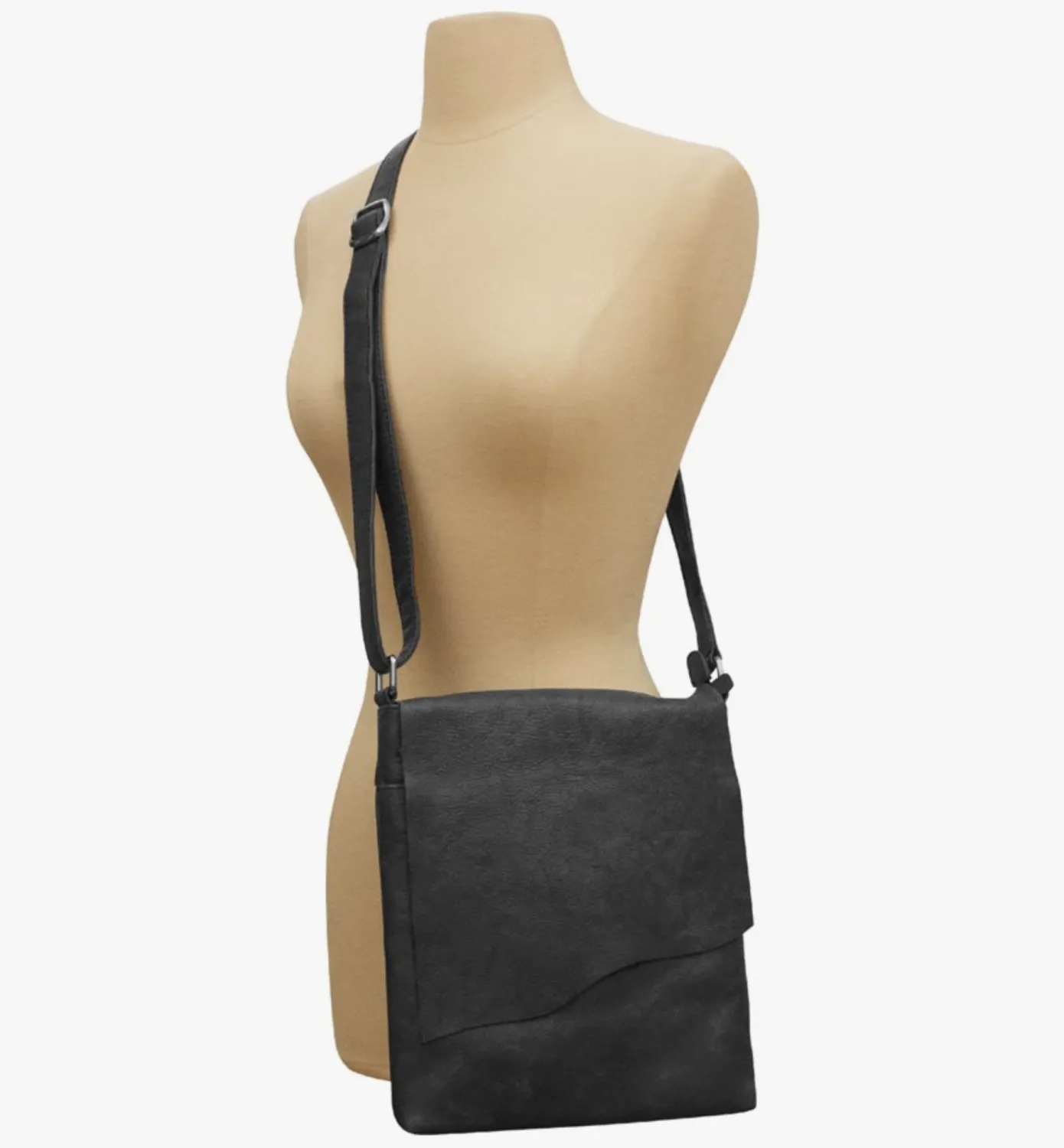 Black Leather Raw Edge Crossbody