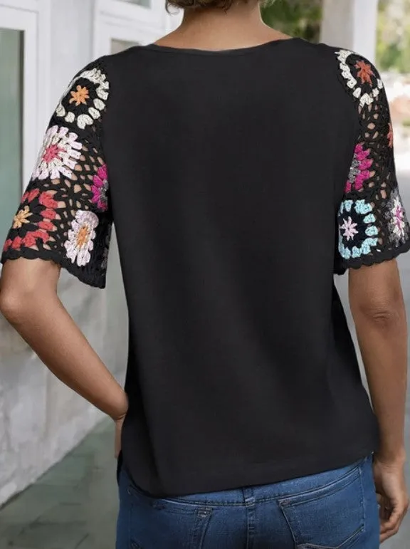 Black Top w/Floral Crochet Sleeves - #7317-7320