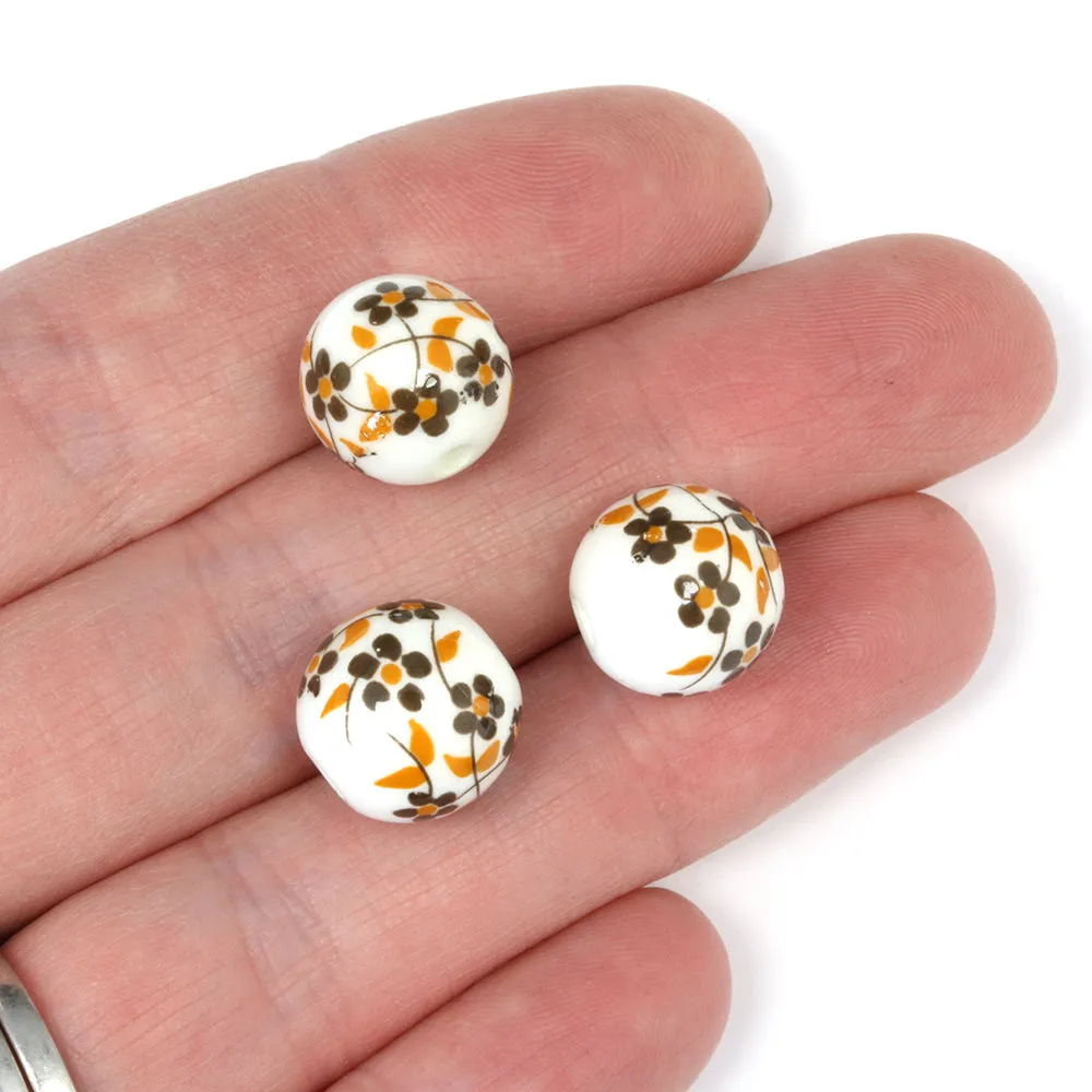 Ceramic Round Amber Flowers 12mm - Pack of 8
