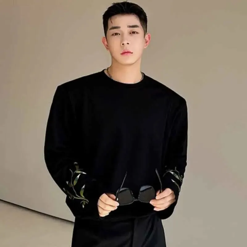 Chinese Style Men's T-shirt Chic Embroidery Contrast Color Round Neck Male Long Sleeve Tops Casual Autumn 9C4634