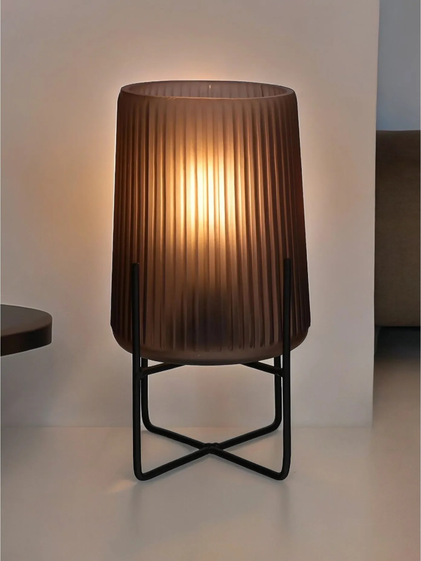 Coffee Coloured Ribbed LED Light Up Glass Lamp