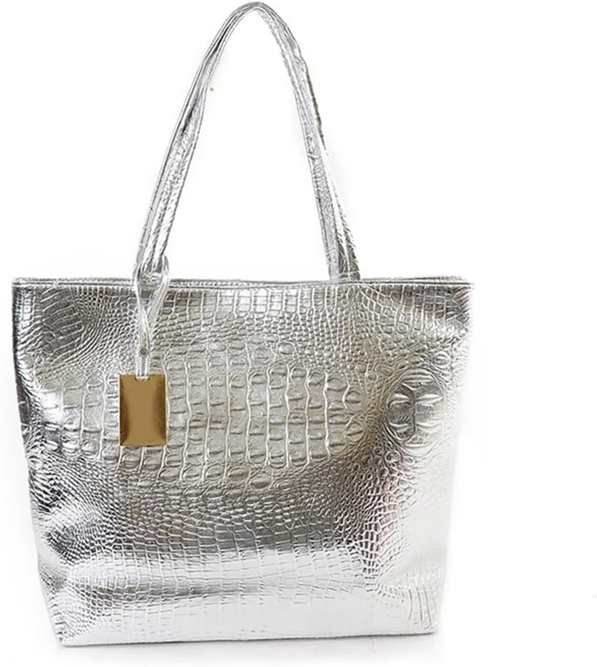 Fashionable Gold Crocodile Printed Tote Style Handbag