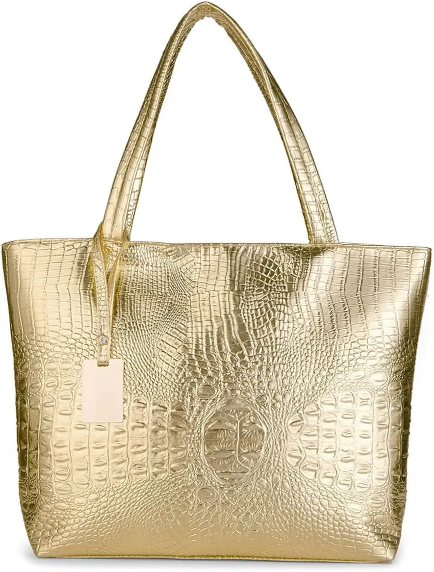 Fashionable Gold Crocodile Printed Tote Style Handbag