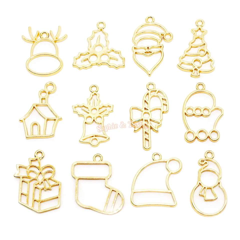 Gold Christmas Open Bezel Charms (12 pieces)