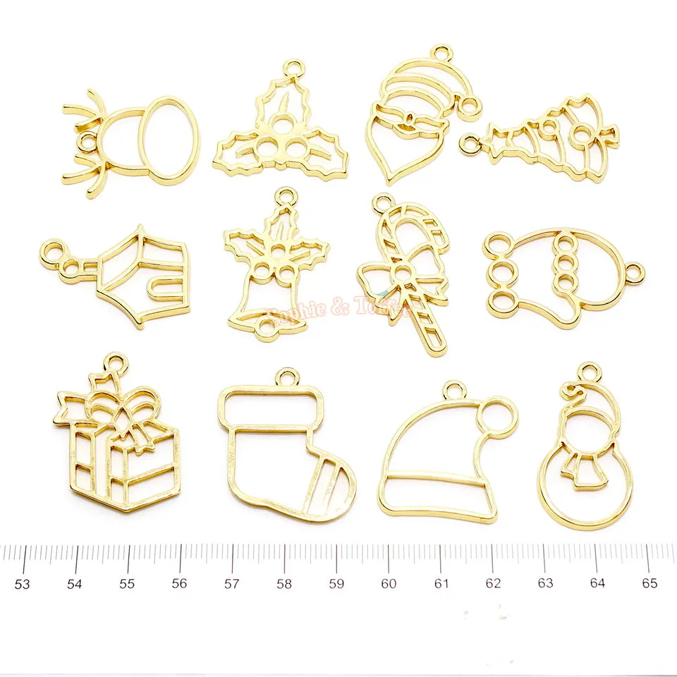 Gold Christmas Open Bezel Charms (12 pieces)