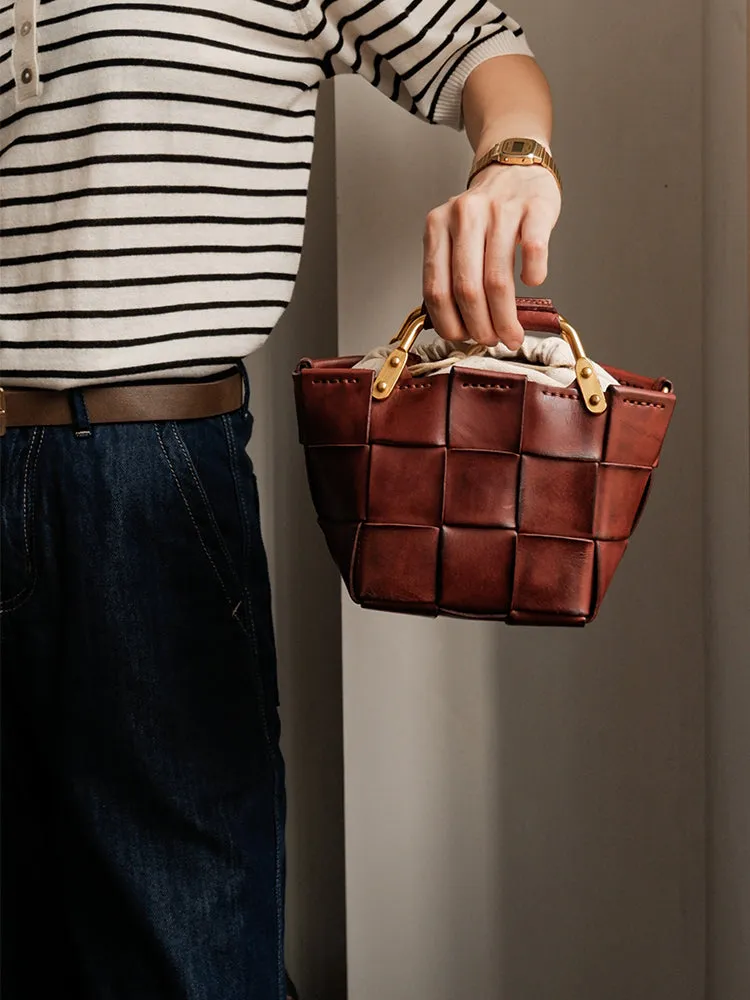 Mini Leather Bucket Bag Woven Leather Bucket Bag