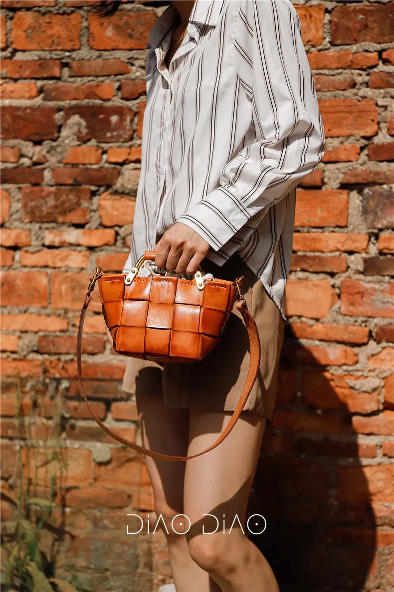 Mini Leather Bucket Bag Woven Leather Bucket Bag