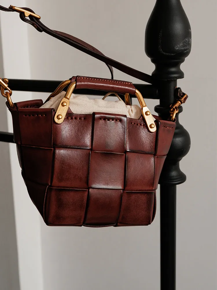 Mini Leather Bucket Bag Woven Leather Bucket Bag