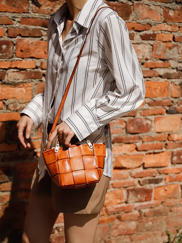 Mini Leather Bucket Bag Woven Leather Bucket Bag