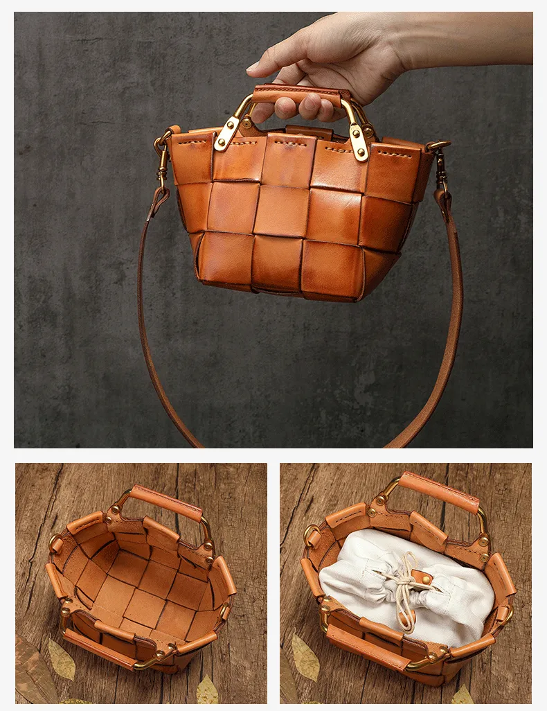 Mini Leather Bucket Bag Woven Leather Bucket Bag