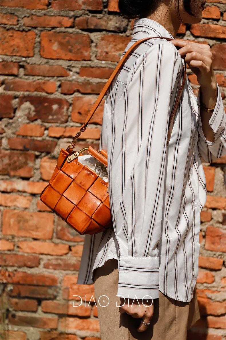 Mini Leather Bucket Bag Woven Leather Bucket Bag