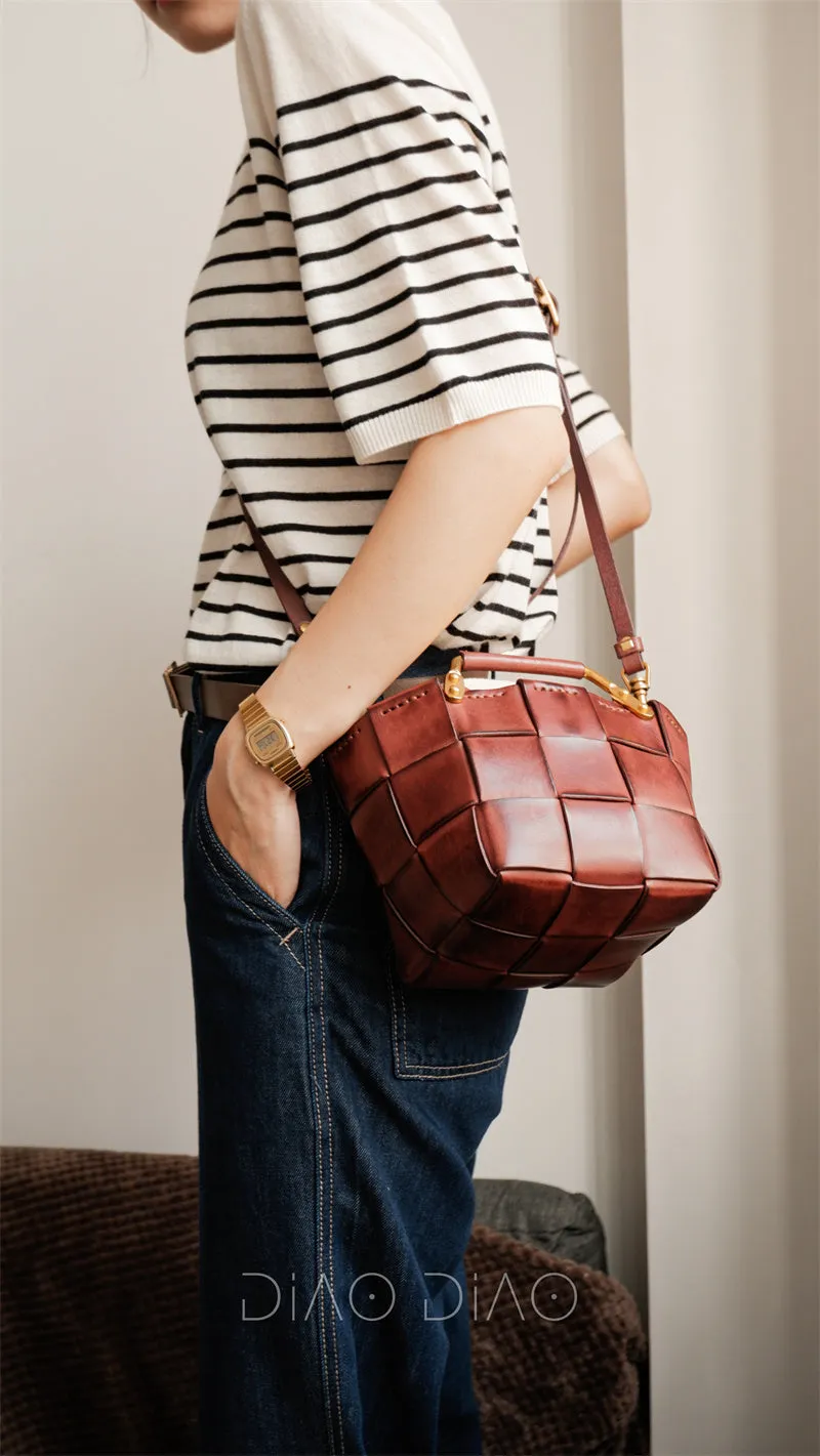 Mini Leather Bucket Bag Woven Leather Bucket Bag
