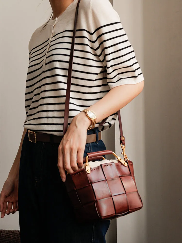 Mini Leather Bucket Bag Woven Leather Bucket Bag