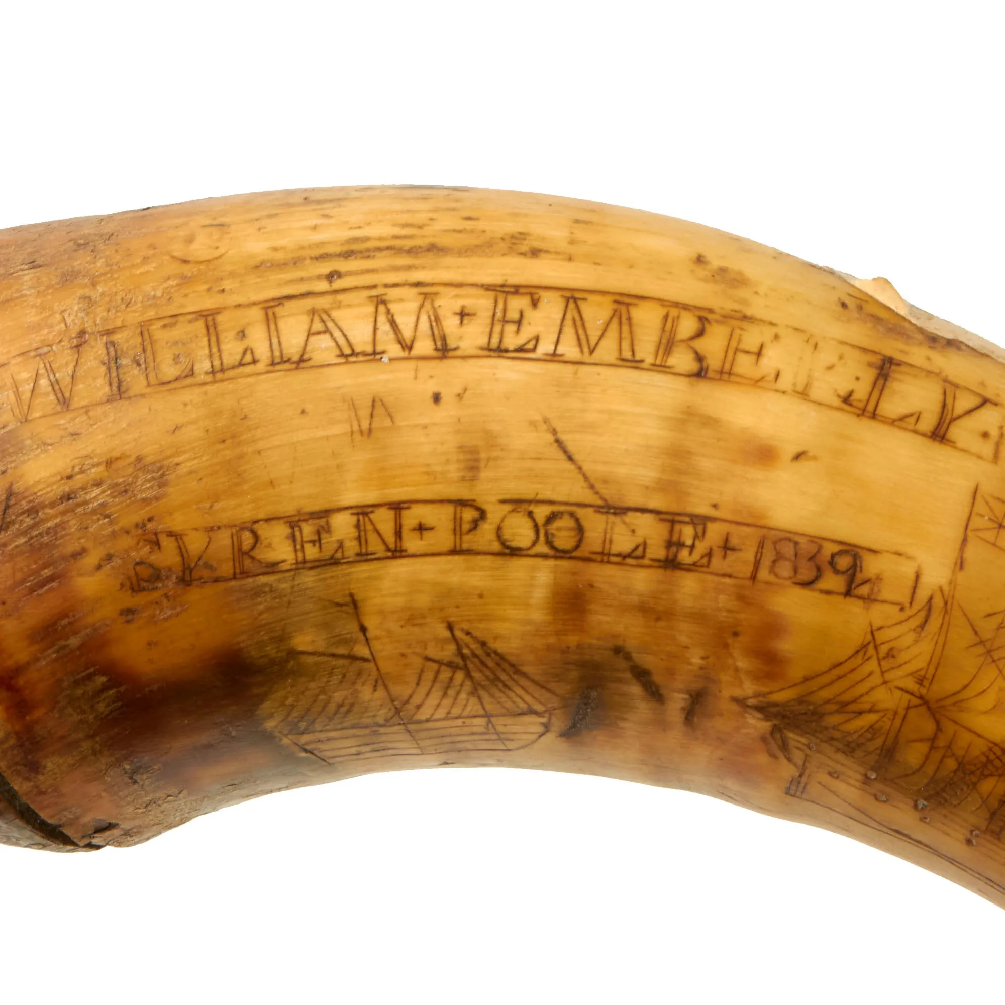 Original British Early 19th Century Named & Hand Carved Scrimshaw Cowhorn Powder Horn with Carved Flint Pocket & Provenance Note - Dated 1839