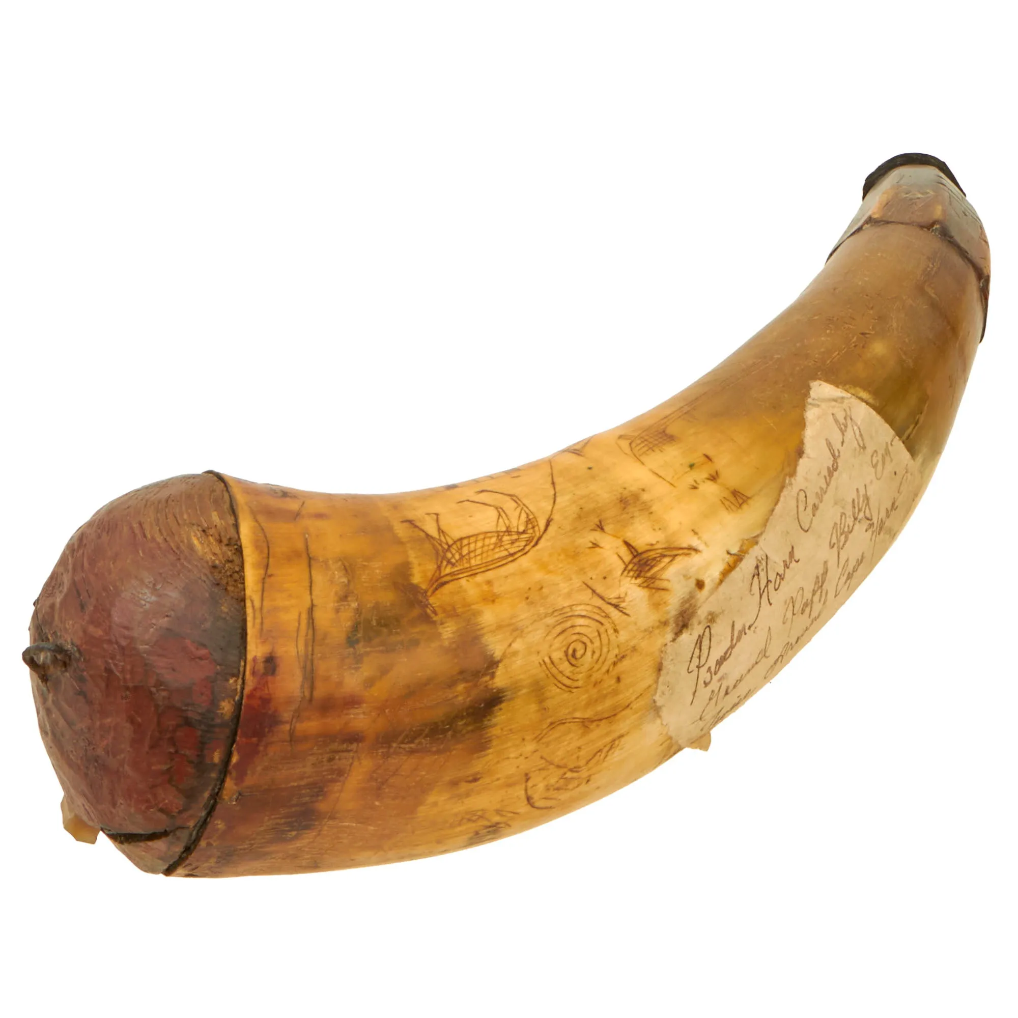 Original British Early 19th Century Named & Hand Carved Scrimshaw Cowhorn Powder Horn with Carved Flint Pocket & Provenance Note - Dated 1839