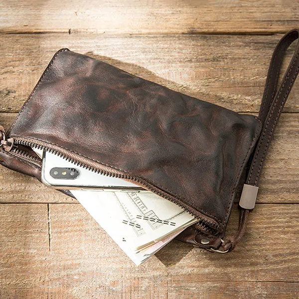 Original Leather Handmade Clutch bag Retro Zipper Envelope Bag