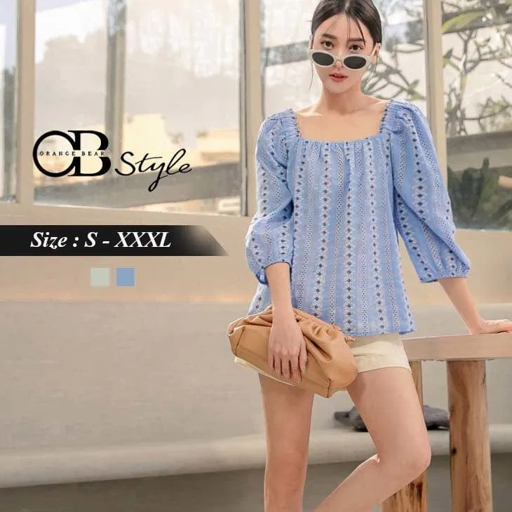 SQUARE NECK 3/4 SLEEVE PUFF SLEEVE PRINTED TOPS